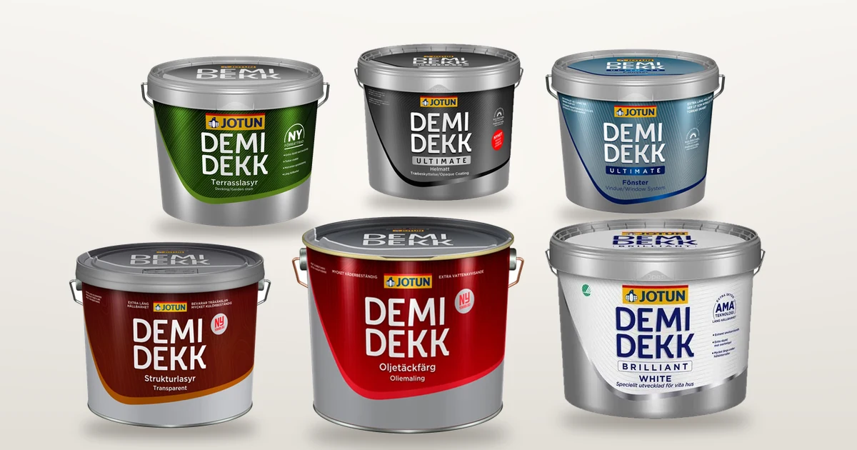 Oude Jotun producten: Demidekk Oljetäckfärg, Strukturlasyr, Terrasslasyr, Helmatt, Brilliant White en Ultimate Vindu